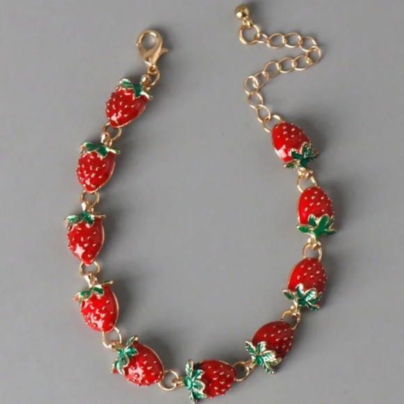 Red and gold strawberry charm bracelet spring summer casual cheerful fruit cute - Picture 3 of 5
